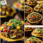 Baked acorn squash filled with quinoa, beans, corn, and herbs for a colorful Southwest stuffed acorn squash fall dinner.